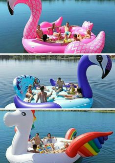 people are floating in an inflatable swan boat on the water while others swim nearby