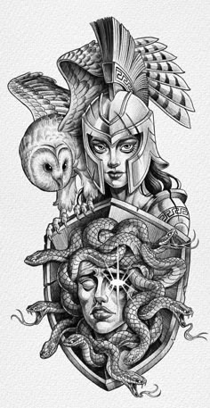 a drawing of an owl, woman and snake