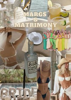 the collage shows images of women in bikinis and hats, including a bottle of booze