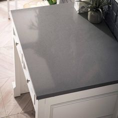 a kitchen counter with a potted plant on it