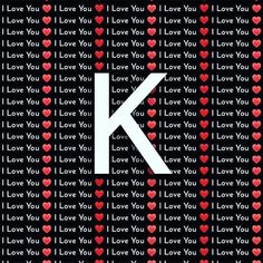 the letter k is surrounded by hearts and letters that spell i love you in white