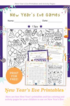 new year's eve printables and activities for children to use in the new year's eve games