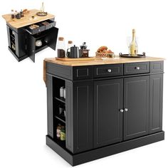 two black kitchen island with butcher block top and wine rack on one side, another in the other