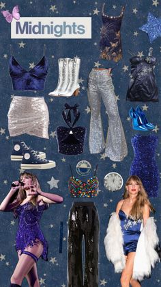 a collage of women's clothing and shoes on a blue background with stars