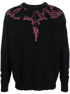 black/multicolour cashmere blend signature Marcelo Burlon Wings print intarsia knit crew neck long sleeves ribbed trim Designer Black Jacquard Knit Sweater, Designer Black Crew Neck Sweater, Marcelo Burlon, Airport Fashion, Crew Neck Jumper, Knitwear Men, Cashmere Wool, Airport Style, Mens Jumpers