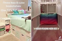 two pictures side by side one has a bed and the other has a book shelf