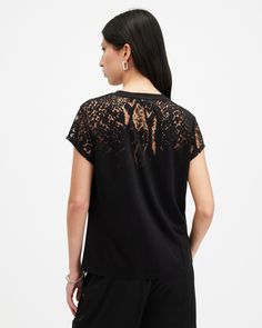 An easy piece, this is the Anna T-Shirt. Made using a soft devore fabric, it's shaped to a regular silhouette that showcases an ombre snake print. Featuring turned-up cuffs and our AllSaints signature on the back of the neck. We keep this staple on rotation all year round - make it part of your collection.   This t-shirt is designed to a regular fit Pullover Crew neck Short sleeve Turned up cuffs Devore ombre snake print AllSaints signature logo Allsaints Relaxed Fit Tops For Spring, Allsaints Relaxed Fit Spring Tops, Allsaints Short Sleeve Tops For Summer, Allsaints Black Short Sleeve Top, Devore Fabric, All Saints, Signature Logo, Snake Print, Crew Neck