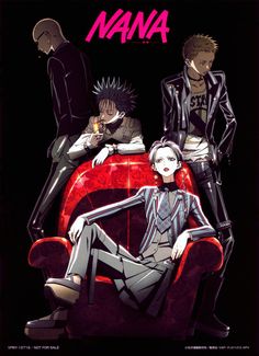 some anime characters sitting on a red chair