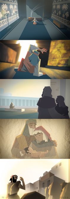 an animated scene is shown in three different ways, including the background and color scheme