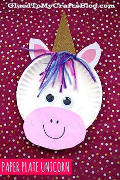 a paper plate unicorn with purple manes on it's head and the words, paper plate unicorn