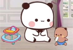 a cartoon bear sitting next to a teddy bear with a pacifier in it's mouth