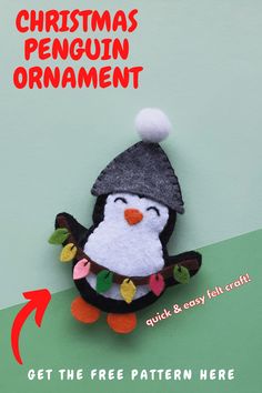 an ornament with a penguin wearing a hat on it's head and the text get the free pattern here