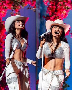 a woman wearing a cowboy hat and holding a microphone in front of two pictures of her