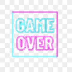 the word game over in neon colors on a white background, with a blue and pink frame