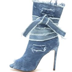 Step into style with these Women's Peep Toe Stiletto Heel Booties. The distressed denim and strap detailing add a trendy touch to these fashionable ankle boots. Color: Blue Material: Denim Heel Type: Stiletto heel Heel height: 4.53" / 115 mm approx Product measurements were taken using size 8. Please note that measurements may vary by size. Toe: Peep toe The denim booties feature a heavily distressed. Handcrafted US sizing. Fits true to size. Edgy Boots, Fashion London, Prom Dress Shoes, Denim Heels, Shoes Jeans, Denim Outfits, Denim Boots, Blue Boots, Christmas Outfits