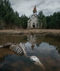 there is a skeleton in the water next to an old church with a clock tower