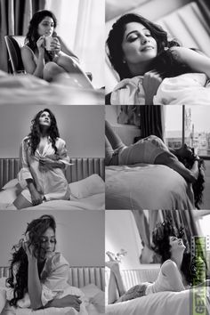 black and white photo collage of women in bed with one woman talking on the phone