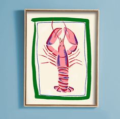 a painting of a lobster on a blue wall