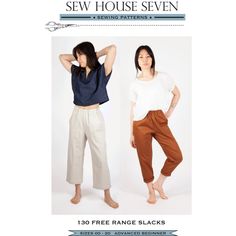 the sewing pattern shows two women in pants and t - shirts, one wearing white shirt