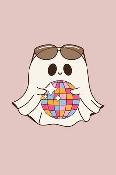 a cartoon ghost with sunglasses holding a globe