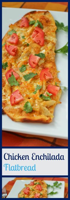 a white plate topped with a cheesy pizza covered in tomatoes and parsley