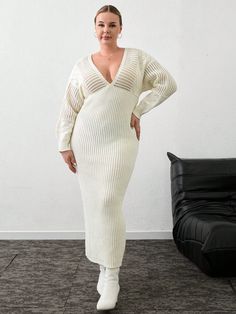 Plus Deep V Neck Bodycon Maxi Sweater Dress White Elegant  Long Sleeve Knitwear Plain  Non-Stretch  Women Plus Clothing, size features are:Bust: ,Length: ,Sleeve Length: Dress White Elegant, Maxi Sweater Dress, Maxi Sweater, Sweater Maxi Dress, Dropped Shoulder Sweatshirt, Oversized Pullover, Girl Falling, Inspiration Mode, Outdoor Wear