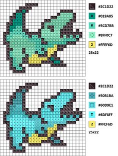 two cross stitch patterns with different designs on them, one in blue and the other in yellow