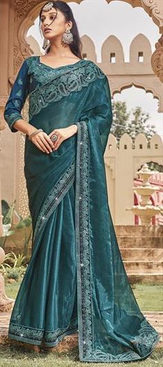 Blue color Saree in Shimmer fabric with Embroidered, Thread work Blue Embroidered Saree For Party, Party Blue Embroidered Saree, Party Embroidered Blue Saree, Formal Blue Saree With Resham Embroidery, Blue Festive Saree For Formal Occasions, Blue Formal Saree For Festive Occasions, Festive Blue Formal Saree, Party Wear Blue Fabric With Resham Embroidery, Blue Embroidered Saree Fabric For Party