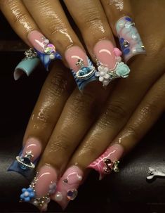 Blue Poly Gel Nails Design, Girls Nail Designs, Junk Nails, Glow Nails