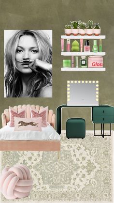 a bedroom with pink and green decor, including a bed, desk, mirror and shelves