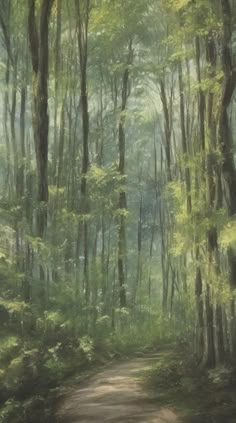 a painting of a dirt road in the middle of a forest with lots of trees