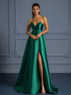 Split Thigh Satin Formal Dress Green   Sleeveless Woven Fabric Plain A Line Slight Stretch  Weddings & Events, size features are:Bust: ,Length: ,Sleeve Length: Simple Party Dress, Satin Formal Dress, 파티 드레스, Womens Prom Dresses, Stage Show, Women Formals, Maxi Dress Evening, Spring Summer Dress, Inspiration Mode