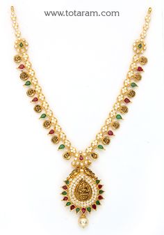 22 Karat Gold 'Lakshmi Kasu' Necklace with Cz ,Ruby , Emeralds & Japanese Culture Pearls (Temple Jewellery)  - 235-GN4020 - in 22.850 Grams for USD $1893.07. 
Made in India by Totaram Jewelers Online this product is in Gold - 22 Karat BIS Hallmark 916 KDM Gold  & is an excellent gift for Adult - Women. Ships fully insured with secured guaranteed delivery for free with your order over $250 from New Jersey USA & comes with 30 days exchange policy. Luxury Temple Jewelry Beaded Necklaces For Festive Season, Luxury Zari Work Temple Necklace Gift, Luxury Hallmarked Temple Necklace For Festivities, Luxury 22k Gold Hallmarked Temple Necklace, Luxury Temple Necklace For Diwali Gift, Luxury Yellow Gold Temple Necklace With Ruby, Luxury Temple Jewelry Beads For Festive Season, Luxury Ruby Temple Necklace With Tilla, Luxury Beaded Temple Necklace For Festive Season