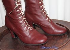 "Request a Custom Order and have something made just for you! This is an individual boot execution for wider feet , strong calf and narrow feet also. Beautiful Victorian High Heel Boots inspired from 1900 boot style. Best Italian leather in Burgundy Reddish brown colour with suede leather inside. Are issued by limited series. Mid calf height: height of the heel 2,7\" inch/ 7 cm length of the boot from the bottom of the sole (at the heel) to the top 10\" inch / 25,5 cm To order, please follow the Burgundy Closed Toe Boots For Formal Occasions, Formal Burgundy Closed Toe Boots, Suede Skirt Outfit Winter, Victorian Wedding Boots, Boho Boots Bohemian, Brown Lace Boots, Boots Victorian, Retro Boots, Heeled Lace Up Boots