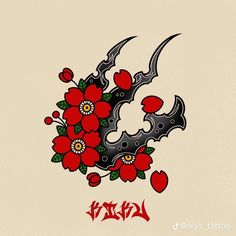 a tattoo design with red flowers on it