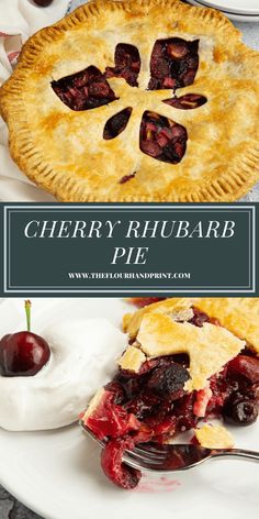 cherry rhubarb pie on a plate with a fork