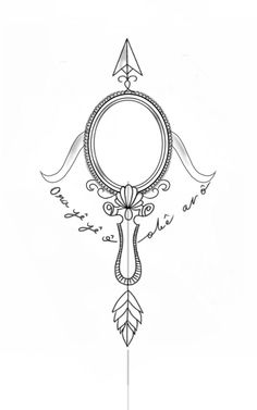 a drawing of a mirror with an arrow on the side and some feathers around it