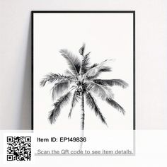 a black and white photo of a palm tree with qr code to see them details