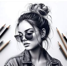 a pencil drawing of a woman wearing sunglasses and a denim jacket with her hair in a bun