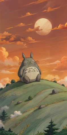 a painting of a cartoon character sitting on top of a hill