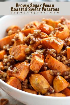 brown sugar pecan roasted sweet potatoes in a white bowl