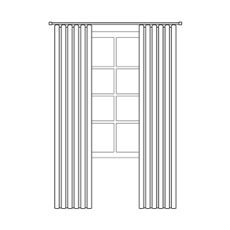 a drawing of an open window with two white curtains on the side and one closed