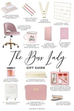 the boss's lady gift guide is shown with pink accessories and other items on it