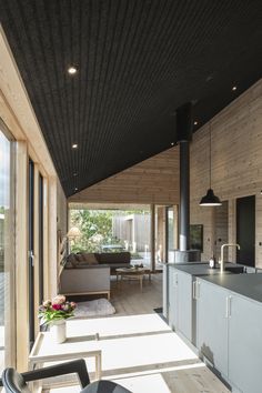 the kitchen and living room are separated by an open floor plan