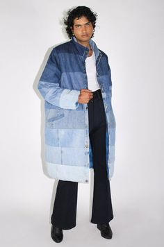 Medium Wash Cotton Outerwear With Patchwork, Cotton Patchwork Outerwear In Medium Wash, Oversized Blue Recycled Denim Outerwear, Blue Recycled Denim Patchwork Outerwear, Blue Recycled Denim Outerwear With Patchwork, Blue Patchwork Outerwear In Recycled Denim, Winter Patchwork Denim Jacket In Recycled Denim, Medium Wash Oversized Outerwear With Patchwork, Oversized Medium Wash Outerwear With Patchwork