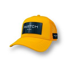 Logomania Partch trucker hat in yellow | PARTCH-Clip removable Yellow Trucker Hat, Luxury Brand Packaging, Black White Logo, Black Patch, Classy Design, Workshop Storage, Fashion Logo, Red Satin, Fabric Bag