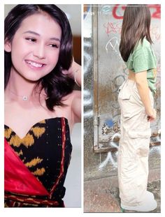 a woman standing in front of a wall with graffiti on it and another photo of her