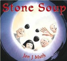 the book cover for stone soup by jon j muth, with an image of five children