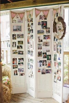 a room divider decorated with photos and hearts