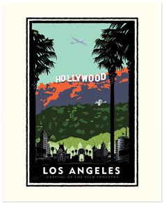 the hollywood poster is shown with palm trees in front of mountains and buildings, as well as an airplane